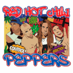 Imagem artística da banda Red Hot Chili Peppers, destacando os membros em estilo pop art com frases icônicas como "Can't Stop" e "Addiction". A ilustração captura a energia vibrante e a identidade musical da banda, com cores vivas e elementos gráficos chamativos.