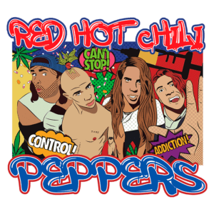 Imagem artística da banda Red Hot Chili Peppers, destacando os membros em estilo pop art com frases icônicas como "Can't Stop" e "Addiction". A ilustração captura a energia vibrante e a identidade musical da banda, com cores vivas e elementos gráficos chamativos.