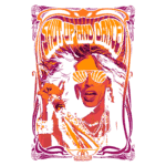 Ilustração vibrante de uma figura com óculos escuros e estilo exuberante, segurando um microfone, com o texto "Shut Up and Dance" em destaque. A arte apresenta cores quentes e um design psicodélico, evocando uma sensação de festa e diversão.