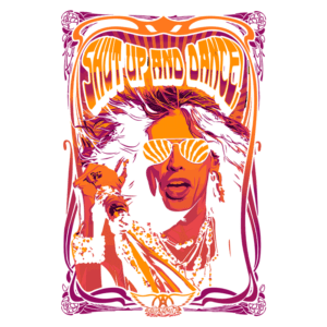 Ilustração vibrante de uma figura com óculos escuros e estilo exuberante, segurando um microfone, com o texto "Shut Up and Dance" em destaque. A arte apresenta cores quentes e um design psicodélico, evocando uma sensação de festa e diversão.