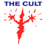 Logotipo da banda The Cult, apresentando o nome em azul e um ícone estilizado em vermelho que remete a um raio ou energia, simbolizando o estilo rock e a intensidade da banda.
