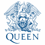 Logotipo da banda Queen, apresentando um emblema estilizado com um leão, uma águia e uma coroa, com o nome "QUEEN" em destaque na parte inferior.