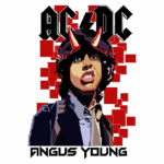 Ilustração de Angus Young, guitarrista da banda AC/DC, com chifres e um fundo colorido. Design vibrante e moderno destaca o estilo icônico do rock. Ideal para fãs de música e cultura rock.