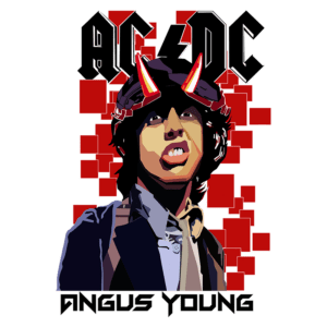 Ilustração de Angus Young, guitarrista da banda AC/DC, com chifres e um fundo colorido. Design vibrante e moderno destaca o estilo icônico do rock. Ideal para fãs de música e cultura rock.