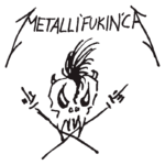 Logotipo da banda "MetalliFukin'Ca", apresentando um crânio estilizado com moicano e chifres, acompanhado de mãos fazendo o gesto de rock.