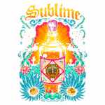 Ilustração vibrante de uma garrafa com cores quentes, adornada com elementos de estilo mexicano, incluindo esqueletos e flores, representando a cultura e o espírito festivo. O texto "Sublime" aparece em destaque, complementando a estética visual.