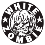 Logo da banda White Zombie, apresentando uma ilustração de um zumbi estilizado em preto e branco, com o nome "WHITE ZOMBIE" em letras grandes e em destaque ao redor da imagem.