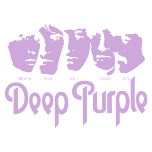 Logo da banda Deep Purple, apresentando os rostos estilizados dos membros Ritchie, Rod, Ian, Nicky e Jon, com o nome da banda em destaque em letras cursivas.