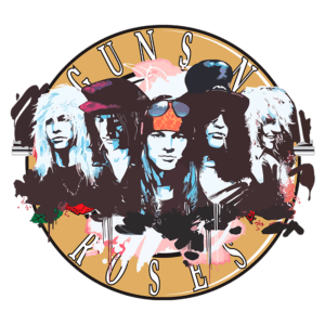 Ilustração artística da banda Guns N' Roses, apresentando os membros icônicos do grupo em um design colorido e vibrante, com o nome da banda destacado em um círculo.