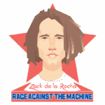 Ilustração estilizada de Zack de la Rocha, vocalista da banda Rage Against the Machine, com fundo em formato de estrela vermelha. A arte inclui o nome "Zack de la Rocha" e o título "RACE AGAINST THE MACHINE" em destaque, simbolizando a influência e atitude política da banda.