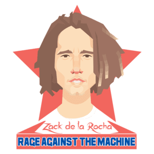 Ilustração estilizada de Zack de la Rocha, vocalista da banda Rage Against the Machine, com fundo em formato de estrela vermelha. A arte inclui o nome "Zack de la Rocha" e o título "RACE AGAINST THE MACHINE" em destaque, simbolizando a influência e atitude política da banda.