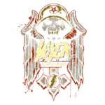 Logotipo da banda Slayer com o texto "All of Life Decays", apresentando um design sombrio que inclui um crânio com um capacete militar, asas e elementos grunge, evocando o estilo característico do metal.