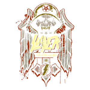 Logotipo da banda Slayer com o texto "All of Life Decays", apresentando um design sombrio que inclui um crânio com um capacete militar, asas e elementos grunge, evocando o estilo característico do metal.