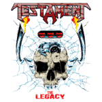 Imagem do logotipo da banda Testament, apresentando a arte de "The Legacy", com um crânio estilizado e elementos de design como fogo e uma máquina de hot rod, enfatizando o estilo metal e a energia da banda.