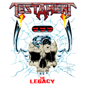 Imagem do logotipo da banda Testament, apresentando a arte de "The Legacy", com um crânio estilizado e elementos de design como fogo e uma máquina de hot rod, enfatizando o estilo metal e a energia da banda.