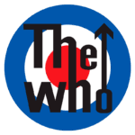 Logotipo da banda britânica The Who, composto pelo texto "The Who" em letras maiúsculas pretas, acompanhado por um círculo azul, um círculo vermelho central e uma seta apontando para cima.