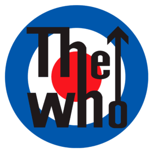 Logotipo da banda britânica The Who, composto pelo texto "The Who" em letras maiúsculas pretas, acompanhado por um círculo azul, um círculo vermelho central e uma seta apontando para cima.