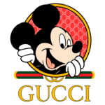 Logotipo da Gucci com a imagem do Mickey Mouse, apresentando o icônico personagem da Disney em um design colorido e divertido, destacando a colaboração entre moda e cultura pop.