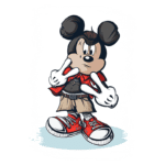 Personagem de desenho animado inspirado no Mickey Mouse, vestido com uma jaqueta vermelha, camiseta preta e shorts. Ele usa tênis vermelhos e faz um gesto de paz com as mãos. Fundo branco com detalhes em verde.