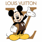 Mickey Mouse vestido com calças estampadas da Louis Vuitton, posando com um sorriso e um braço levantado, sobre um fundo com o logo da marca.