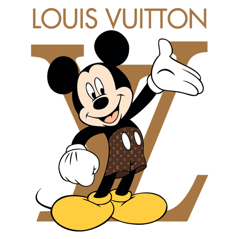 Mickey Mouse vestido com calças estampadas da Louis Vuitton, posando com um sorriso e um braço levantado, sobre um fundo com o logo da marca.