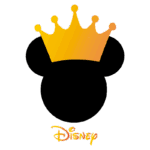 Logo da Disney com o famoso contorno do Mickey Mouse e uma coroa dourada, simbolizando a magia e a realeza dos personagens da marca.