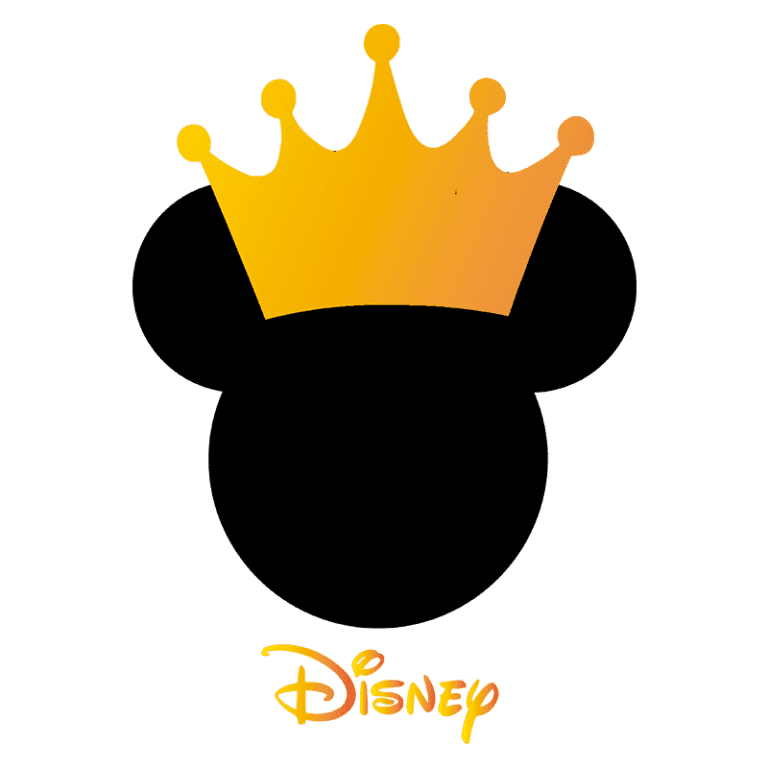 Logo da Disney com o famoso contorno do Mickey Mouse e uma coroa dourada, simbolizando a magia e a realeza dos personagens da marca.