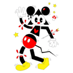 Personagem animado de figura geométrica com cabeça de rato, apresentando um design estilizado e cores vibrantes, incluindo um triângulo preto e um corpo vermelho. O personagem está em movimento, com elementos de fantasia como estrelas e um cogumelo, além de detalhes sangrentos e uma flecha. Ideal para representar arte contemporânea ou cultura pop.