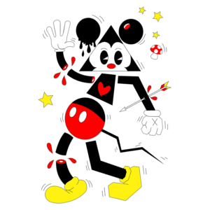 Personagem animado de figura geométrica com cabeça de rato, apresentando um design estilizado e cores vibrantes, incluindo um triângulo preto e um corpo vermelho. O personagem está em movimento, com elementos de fantasia como estrelas e um cogumelo, além de detalhes sangrentos e uma flecha. Ideal para representar arte contemporânea ou cultura pop.