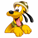 Cachorro cartoon amarelo com chapéu de explorador, sorrindo e com a língua de fora, representando um personagem divertido e amigável.