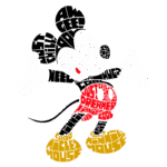 Ilustração do Mickey Mouse formada por palavras e expressões icônicas, destacando seu papel como símbolo da Disney e da cultura pop.