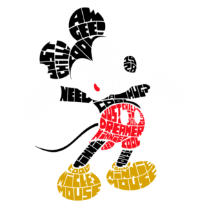 Ilustração do Mickey Mouse formada por palavras e expressões icônicas, destacando seu papel como símbolo da Disney e da cultura pop.