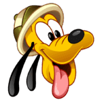 Cabeça do personagem Pluto, cão da Disney, usando um capacete. Ele tem um sorriso largo, língua para fora e olhos grandes, transmitindo uma expressão alegre e divertida. Fundo verde.