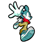 Mickey Mouse estilizado, com expressão determinada, usando uma camiseta vermelha e calças bege, fazendo um gesto com a mão e sapatos esportivos.