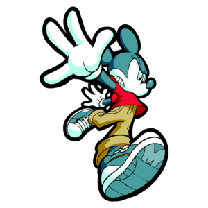 Mickey Mouse estilizado, com expressão determinada, usando uma camiseta vermelha e calças bege, fazendo um gesto com a mão e sapatos esportivos.