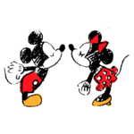 Mickey e Minnie Mouse se olhando e se aproximando para um beijo, em um estilo de desenho animado clássico.