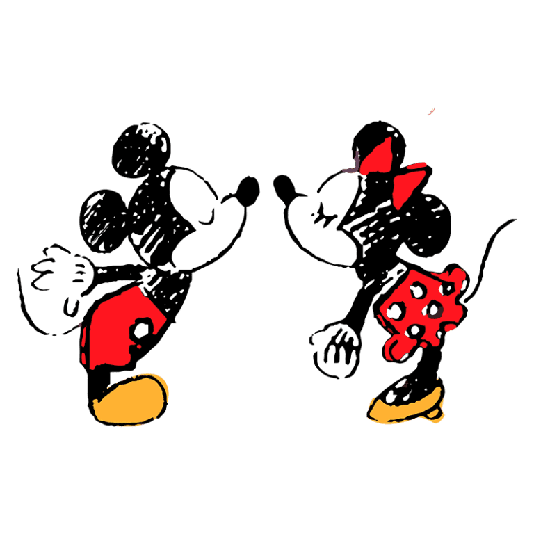 Mickey e Minnie Mouse se olhando e se aproximando para um beijo, em um estilo de desenho animado clássico.