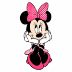 Personagem Minnie Mouse sentada com as mãos no rosto, usando um vestido rosa e um laço de bolinhas brancas na cabeça, em fundo verde.