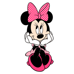 Personagem Minnie Mouse sentada com as mãos no rosto, usando um vestido rosa e um laço de bolinhas brancas na cabeça, em fundo verde.