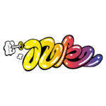 Texto gráfico colorido em estilo cartoon, com letras onduladas em amarelo, vermelho e roxo, e um efeito de fumaça saindo de um dos lados. Ideal para representar criatividade e energia.