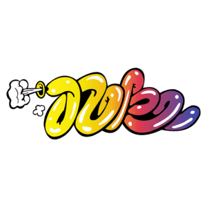 Texto gráfico colorido em estilo cartoon, com letras onduladas em amarelo, vermelho e roxo, e um efeito de fumaça saindo de um dos lados. Ideal para representar criatividade e energia.