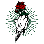 Desenho de uma mão estilizada segurando uma rosa vermelha, com raios de luz ao fundo, simbolizando amor e criatividade. Ideal para temas de arte, tatuagens e design gráfico.