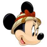 Cabeça da personagem Minnie Mouse, com um chapéu de safári e laço vermelho, em um fundo verde. Ideal para temas de animação e cultura pop.