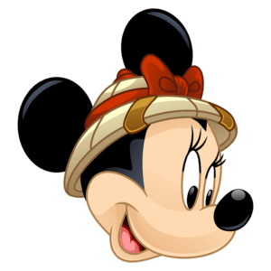 Cabeça da personagem Minnie Mouse, com um chapéu de safári e laço vermelho, em um fundo verde. Ideal para temas de animação e cultura pop.
