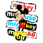 Imagem do personagem Mickey Mouse, icônico da Disney, em pé com calças vermelhas e sapatos amarelos, cercado por palavras recortadas em diferentes cores, como "mickey", "mouse" e "mickey mouse".