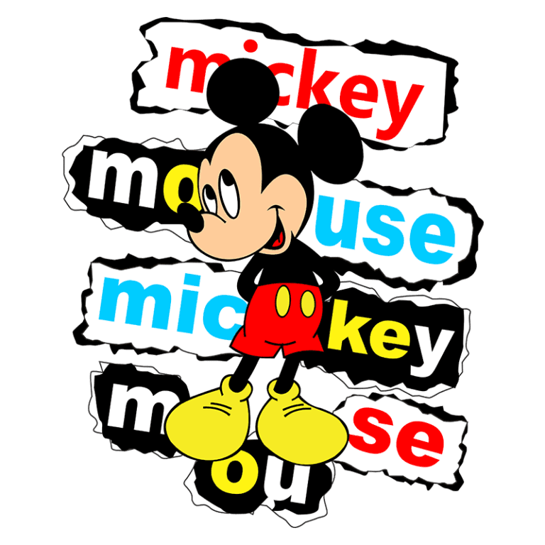 Imagem do personagem Mickey Mouse, icônico da Disney, em pé com calças vermelhas e sapatos amarelos, cercado por palavras recortadas em diferentes cores, como "mickey", "mouse" e "mickey mouse".