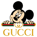 Imagem do personagem icônico da Disney, Minnie Mouse, interagindo com o logotipo da Gucci, destacando a fusão entre moda de luxo e cultura pop.