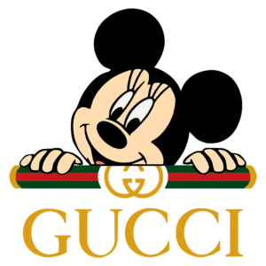 Imagem do personagem icônico da Disney, Minnie Mouse, interagindo com o logotipo da Gucci, destacando a fusão entre moda de luxo e cultura pop.