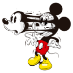 Ilustração de Mickey Mouse em um estilo artístico dinâmico, mostrando uma transição entre a forma clássica e uma versão mais sombria, com traços distorcidos e expressões faciais diferentes.