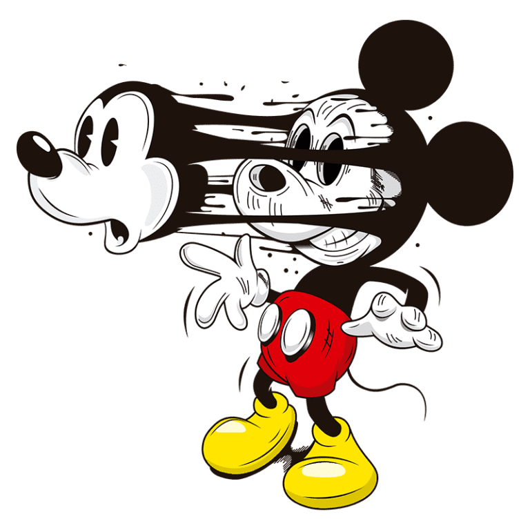 Ilustração de Mickey Mouse em um estilo artístico dinâmico, mostrando uma transição entre a forma clássica e uma versão mais sombria, com traços distorcidos e expressões faciais diferentes.